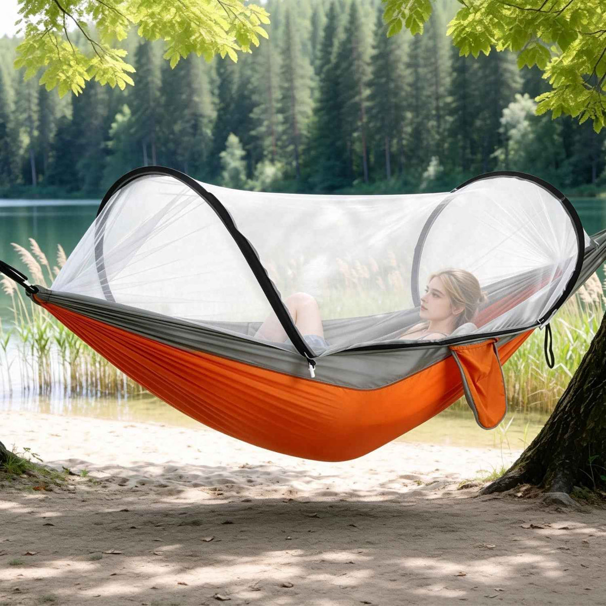 3-in-1 Camping Hammock with Mosquito Net – 440 lb Capacity, 70D Nylon | Pop-Up Net, Dual Zippers | 1.43 lbs | 3 Colors
