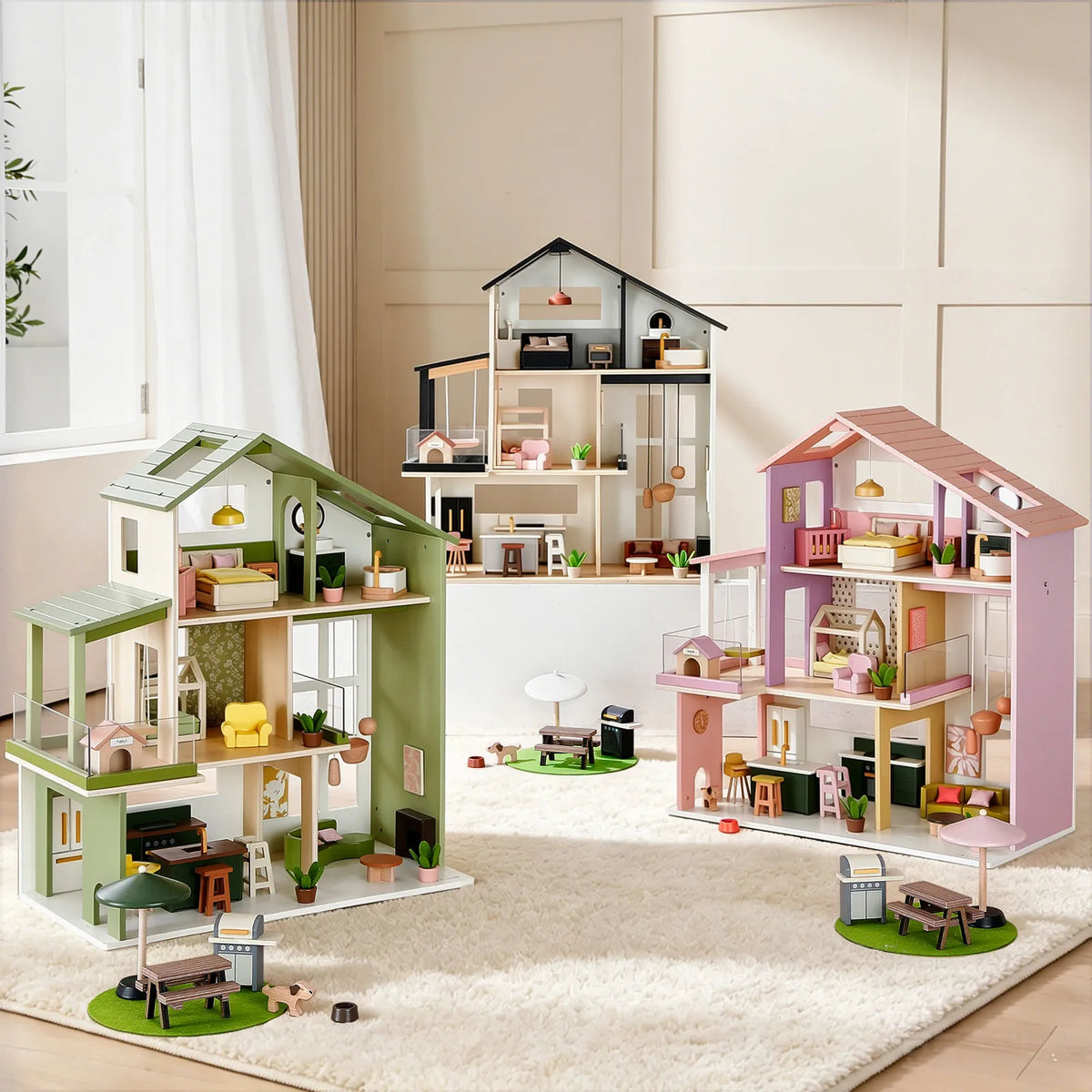 Tiny Land Sweetwood Edge Wooden Dollhouse - 48pc Green & Pink