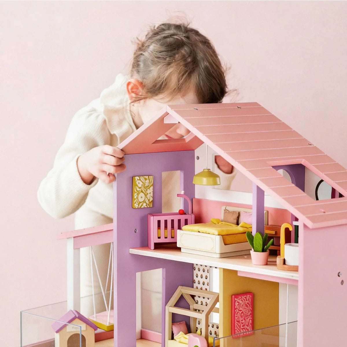 Tiny Land Sweetwood Edge Wooden Dollhouse - 48pc Green & Pink