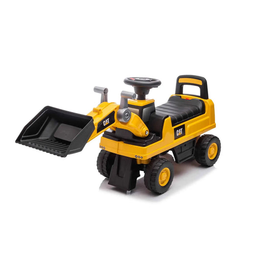 CAT yellow ride-on excavator toy with front loader bucket and black seat
