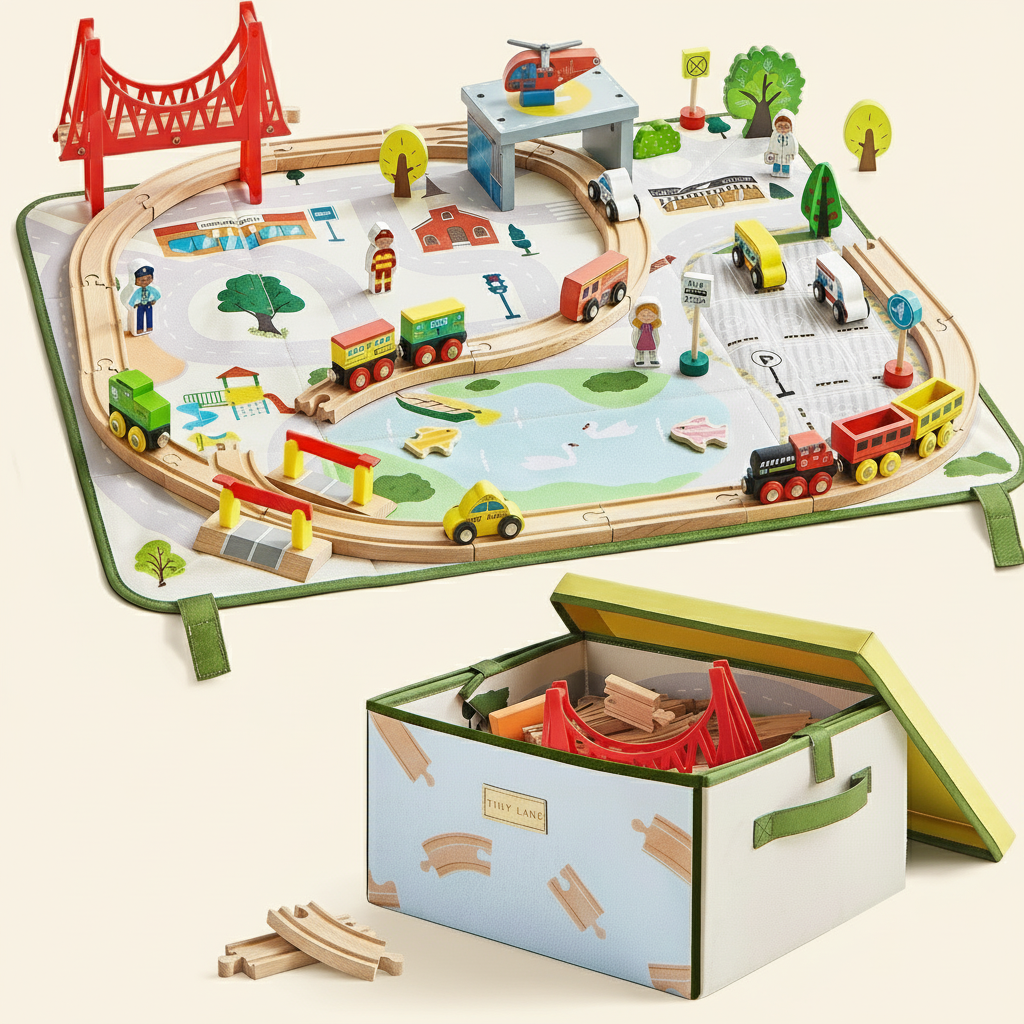 Tiny Land® 110-Piece Wooden Train Set with Folding Storage Box & City Play Mat – Ages 3-7