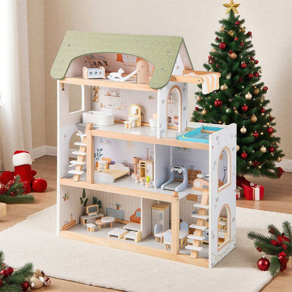 Wooden Dollhouse with 33-Piece Furniture Set and Movable Stairs – Green