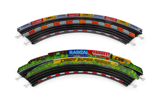 90-degree two-lane model road track with green roadside print, black roadway