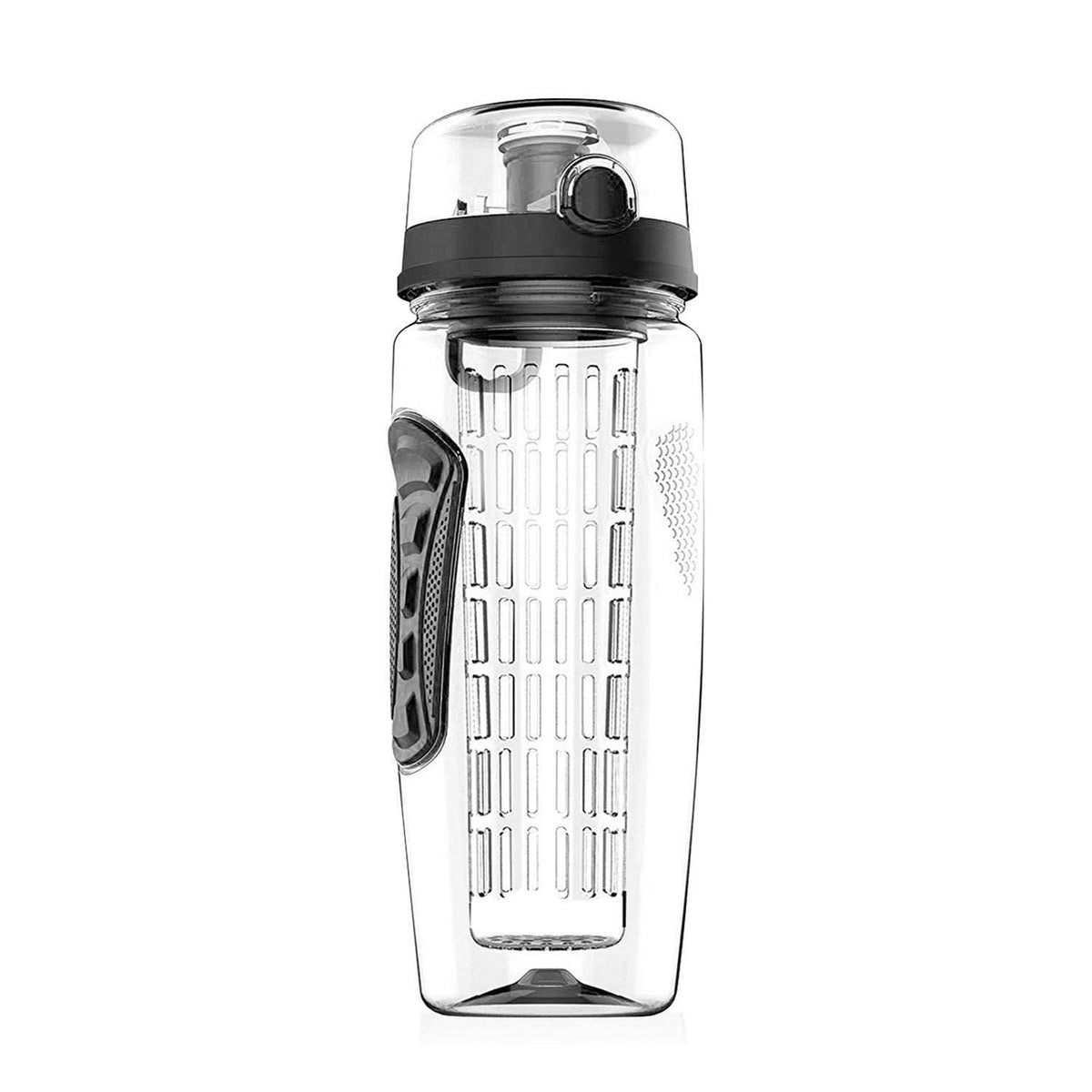 Fruit infuser water bottle with flip-top lid and carry handle, clear body with black accents