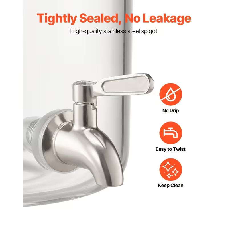 Stainless-steel twist spigot on a clear glass beverage dispenser with drip-free design