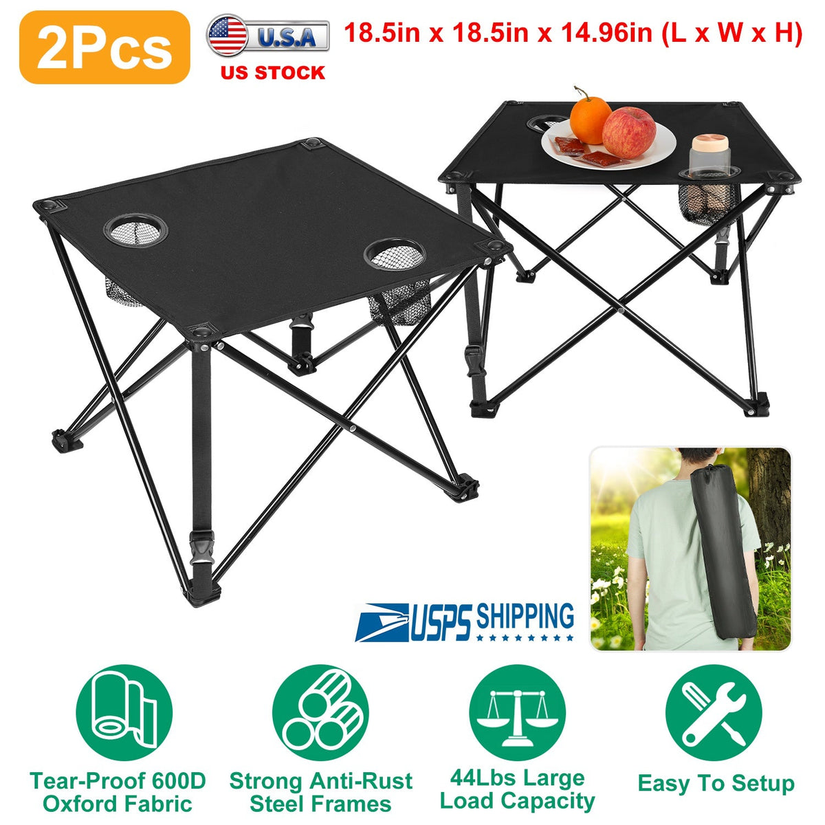 LakeForest Folding Camping Table with 2 Cup Holders – 600D Oxford, 44 lb Capacity | 18.5"x18.5" | 2.2 lbs | 1-Pc & 2-Pc Sets