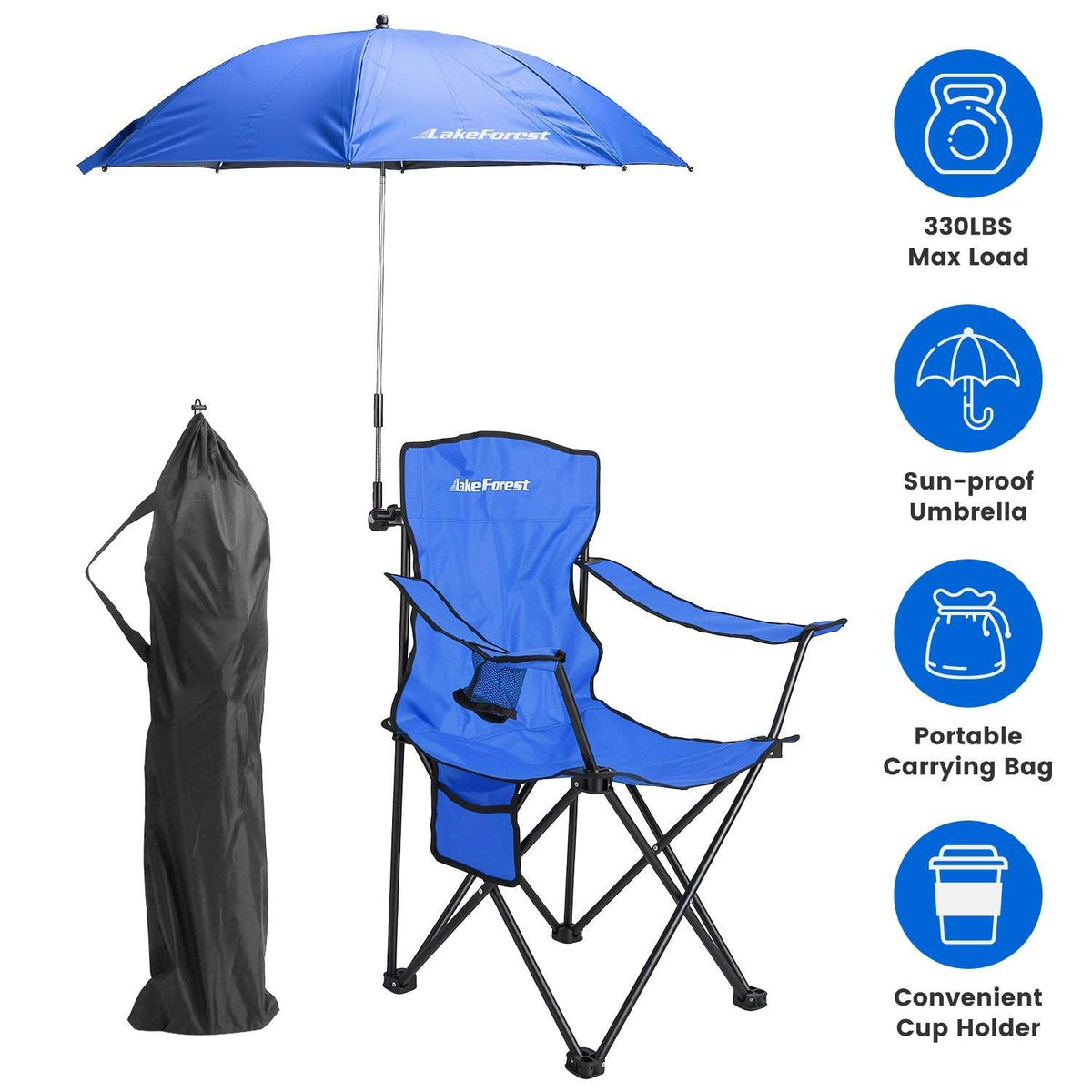 Foldable camping chair with umbrella, blue seat with side pocket, plus portable carry bag
