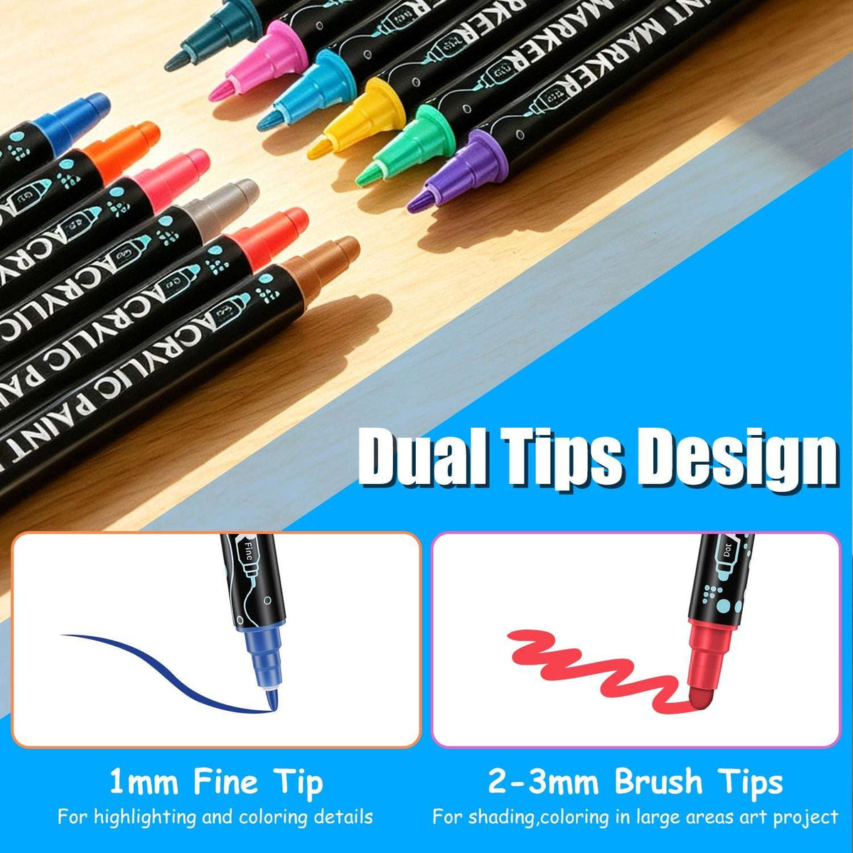 Dual-tip acrylic paint markers with fine and brush tips, caps in assorted colors