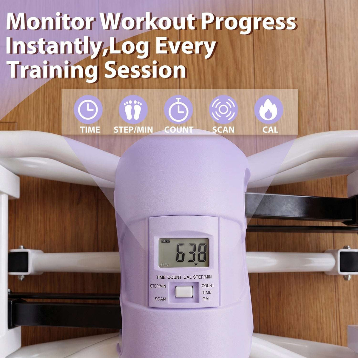 Close-up of swing stepper LCD monitor displaying workout metrics