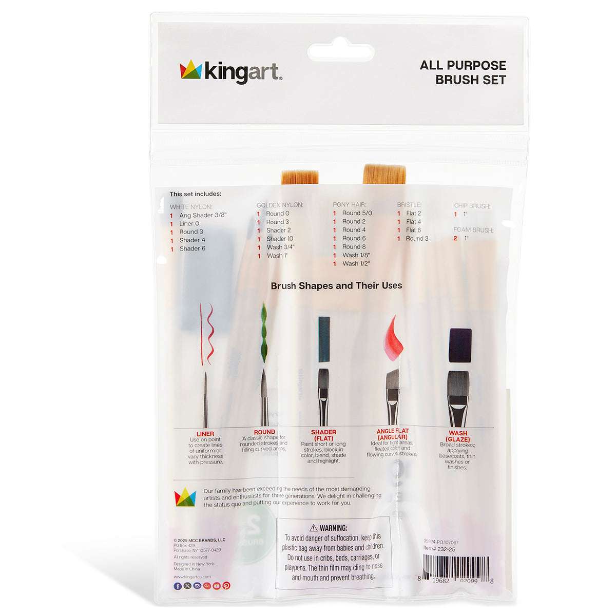 All-purpose brush set back panel showing brush shapes guide and 25-piece count