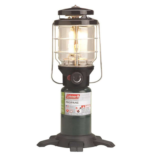 Green propane lantern with clear glass housing and black control knob