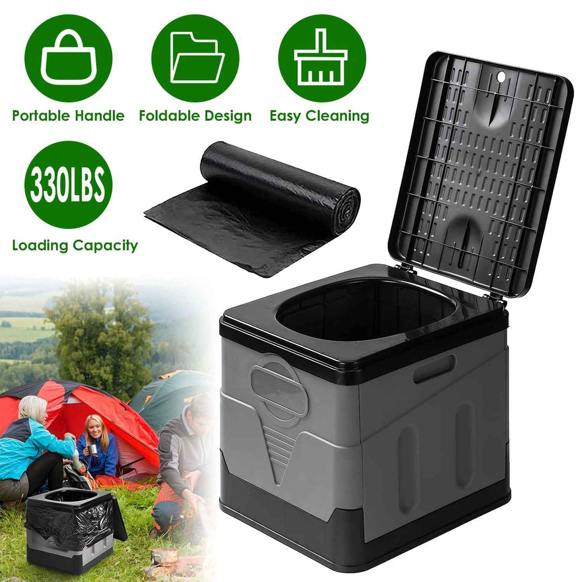 Portable Camping Toilet – Foldable, 330 lb Capacity | Lid, Trash Bags & Carry Bag Included | Camping, Boating & Travel