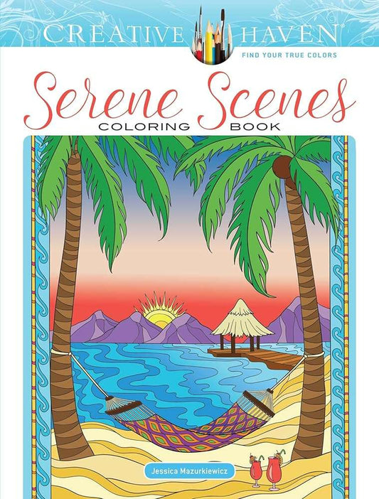 Creative Haven Serene Scenes coloring book cover with palms, ocean, hammock, and mountains.