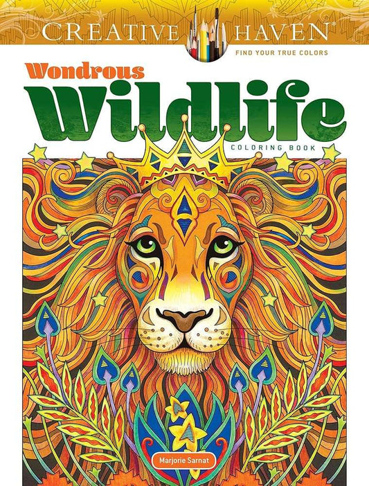 Creative Haven Wondrous Wildlife coloring book cover with lion in colorful floral art