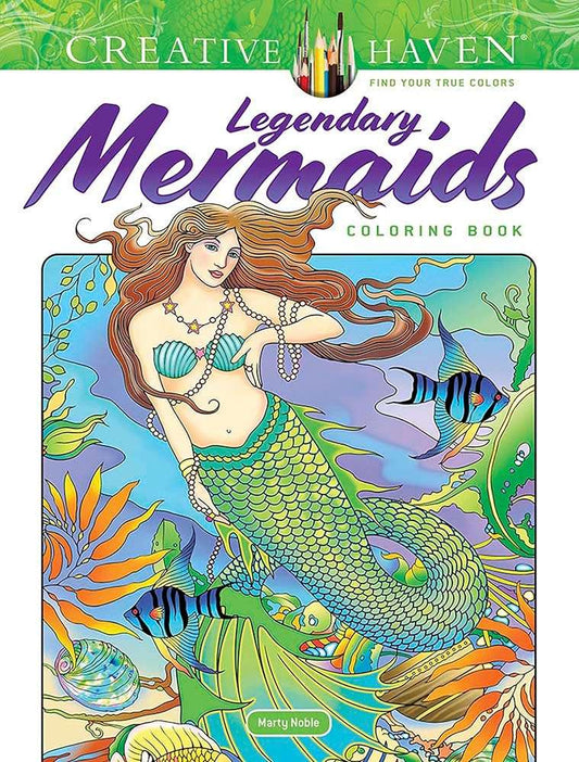 Legendary mermaids coloring book cover with green mermaid and sea creatures illustration