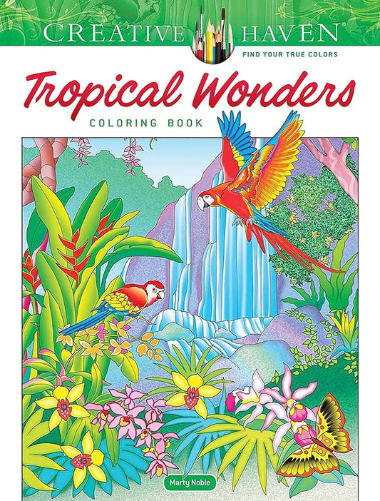 Tropical Wonders coloring book cover with parrots, waterfall, flowers, and butterflies
