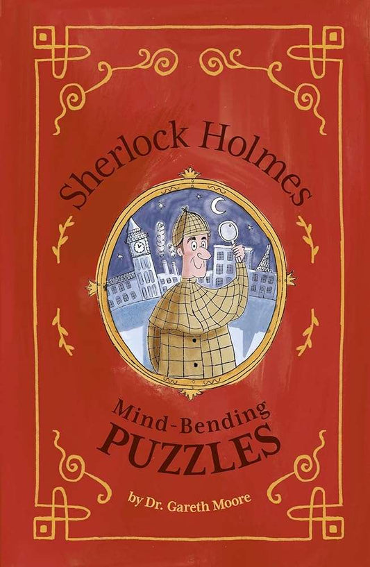 Red Sherlock Holmes puzzle book cover with blue illustration and "Mind-Bending PUZZLES" text