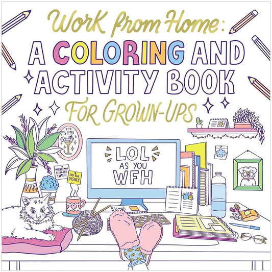 Grown-up coloring and activity book with illustrated work-from-home desk cover