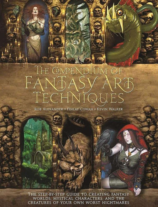 Illustrated fantasy art techniques guide book cover with characters, dragon and goblins