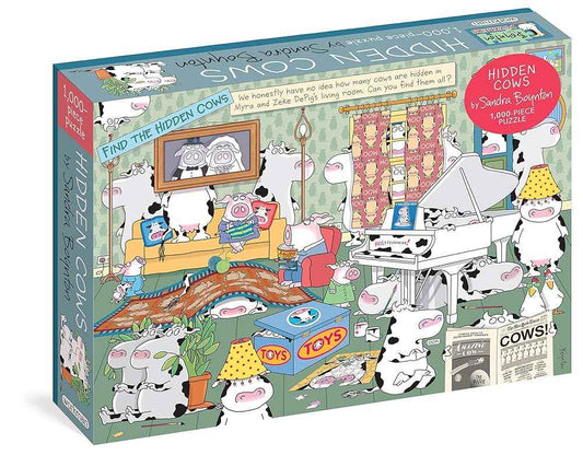 1,000-piece jigsaw puzzle box with cartoon cows and Hidden Cows artwork