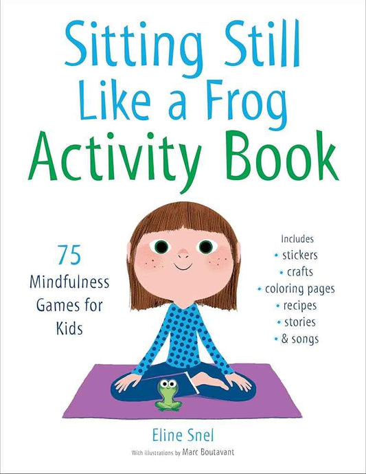 Kids mindfulness activity book cover with frog and smiling girl illustration