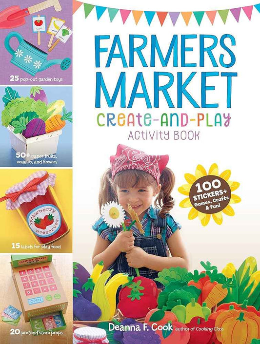 Farmers Market activity book cover with child, flowers, and 100+ stickers badge