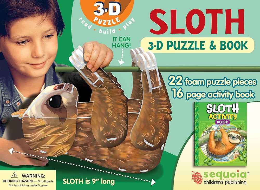 Sloth 3-D Puzzle & Book Set – 22 Foam Pieces | 9-Inch Hangable Sloth | Ages 5+