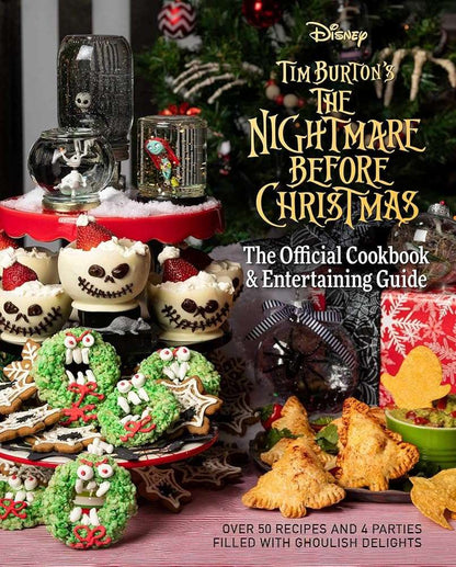 The Nightmare Before Christmas cookbook cover with themed foods and entertaining guide title