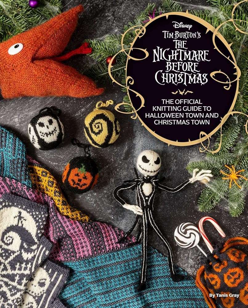 The Nightmare Before Christmas knitting guide cover with knitted character designs