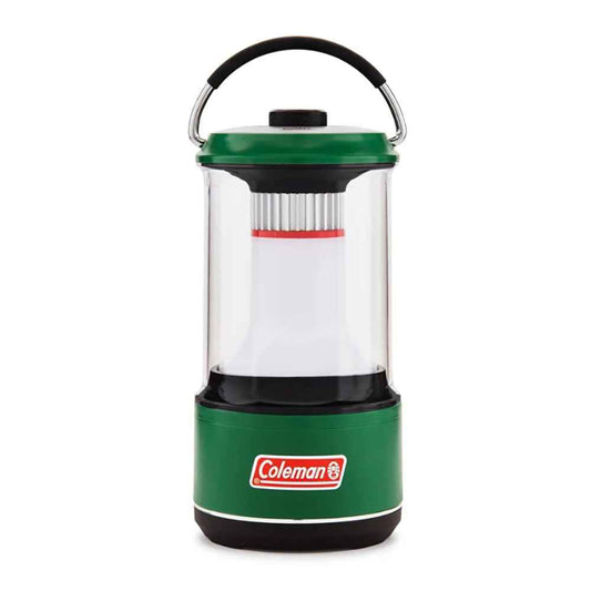 Coleman green LED lantern with clear glass body and top handle