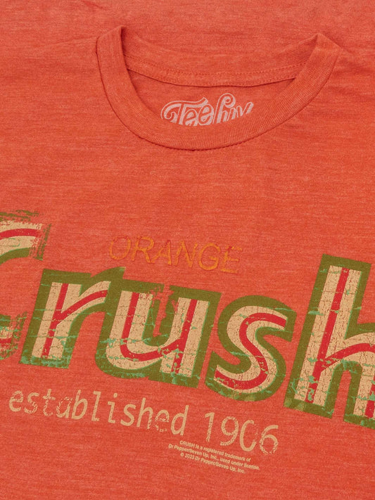 Orange heather T-shirt close-up: large Crush logo with established 1906 text