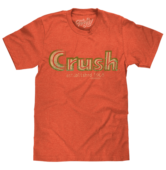 Orange heather T-shirt with distressed Crush logo and established 1906 graphic