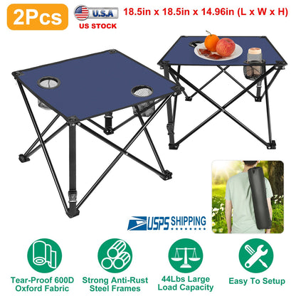 LakeForest Folding Camping Table with 2 Cup Holders – 600D Oxford, 44 lb Capacity | 18.5"x18.5" | 2.2 lbs | 1-Pc & 2-Pc Sets