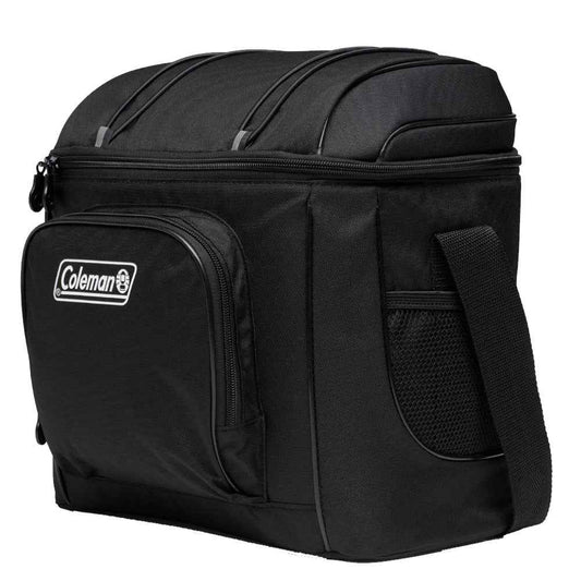 Coleman Chiller 16-can soft-sided cooler in black with front zip pocket and mesh side pouch