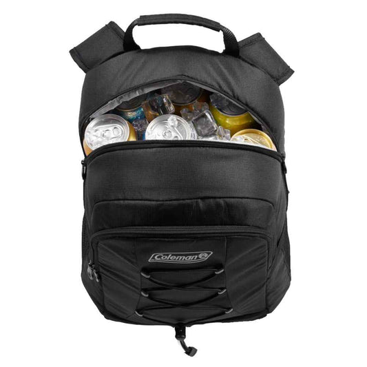 Black soft-sided backpack cooler open top with interior cans and bottles