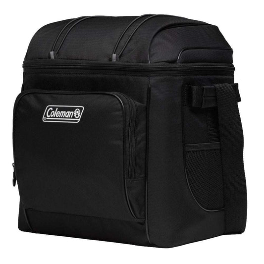 Black soft-sided portable cooler with front pocket, zipper, and Coleman logo badge