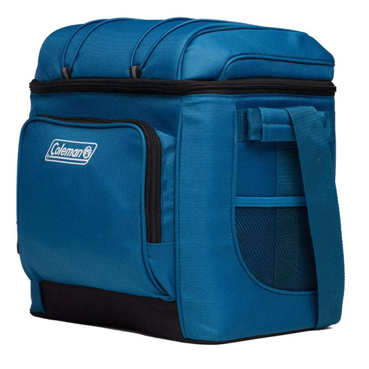 Deep ocean blue soft-sided cooler with zip front pocket and Coleman logo, closed lid
