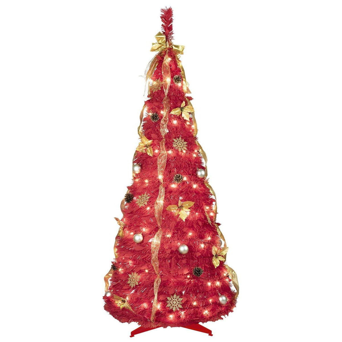 Red Christmas tree with LED lights, gold ribbon, baubles and ornaments