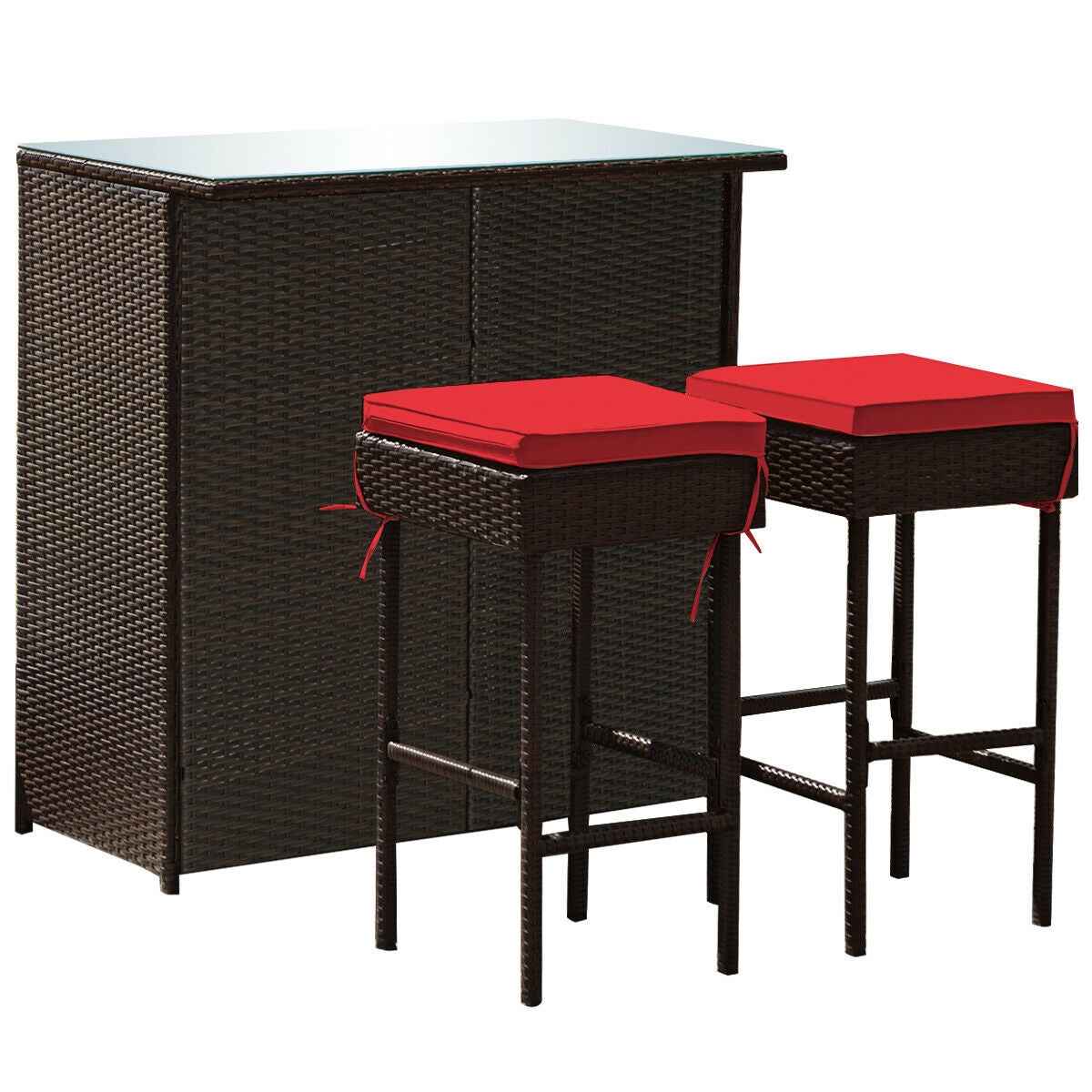 3-Piece Patio Rattan Wicker Bar Table & Stools Dining Set