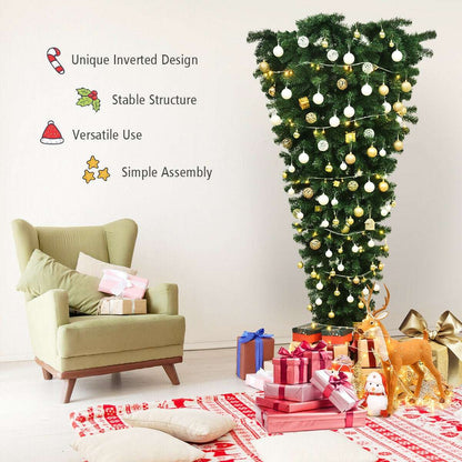 Inverted artificial Christmas tree decorated with gold and white ornaments and lights