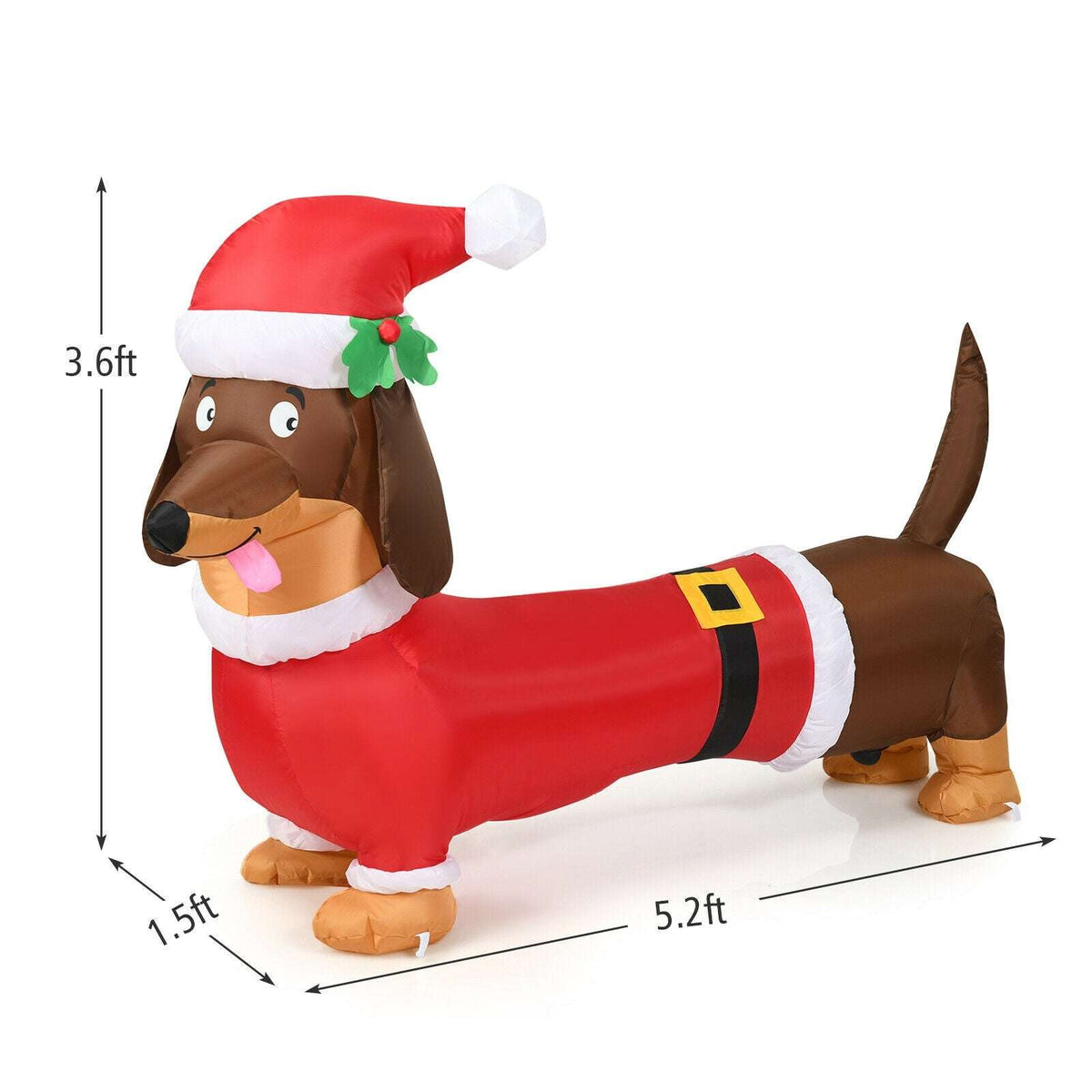 Inflatable Christmas dog with Santa suit, shown with size dimensions