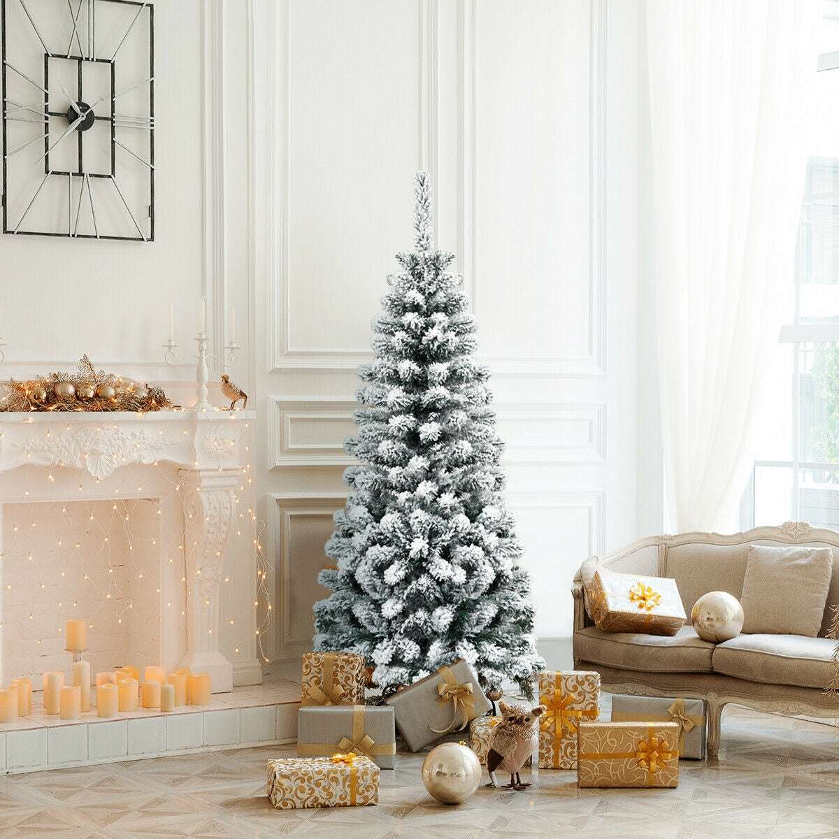 Snow-flocked pencil Christmas tree with a narrow profile