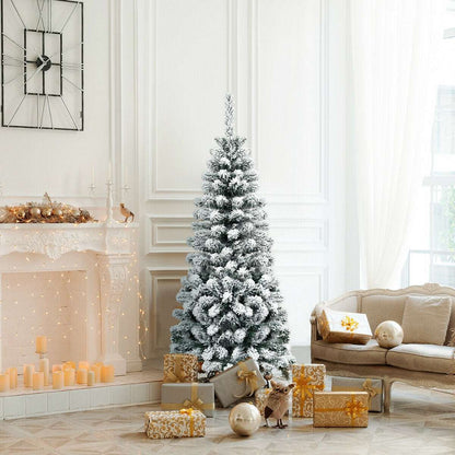 Snow-flocked pencil Christmas tree with a narrow profile
