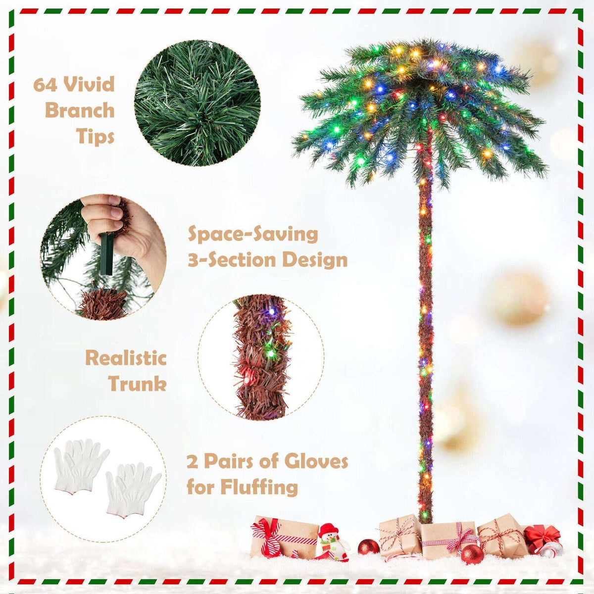 Pre-lit palm Christmas tree with multicolor lights, textured trunk, and full green fronds