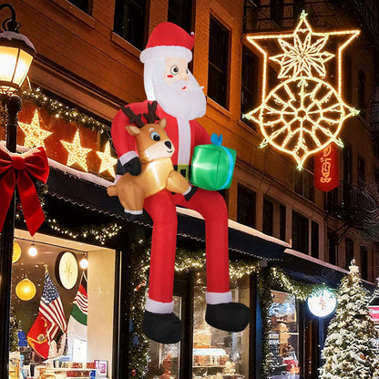 9.5-foot inflatable Santa holding a reindeer and gift, with built-in LED lights