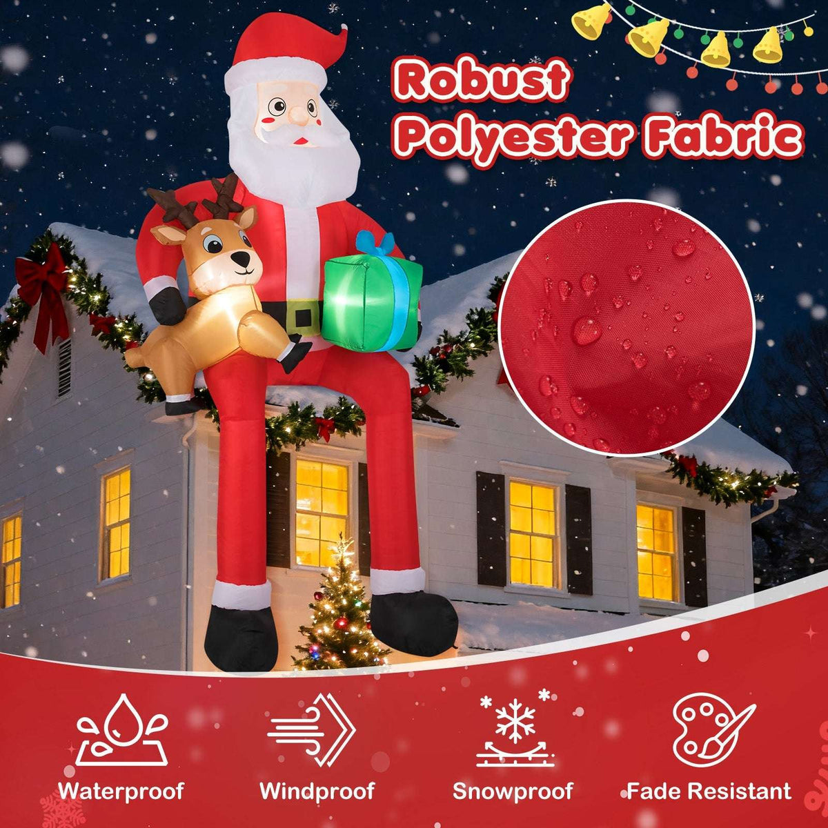 Inflatable Santa made of polyester, with reindeer, gift, and weather-resistant features