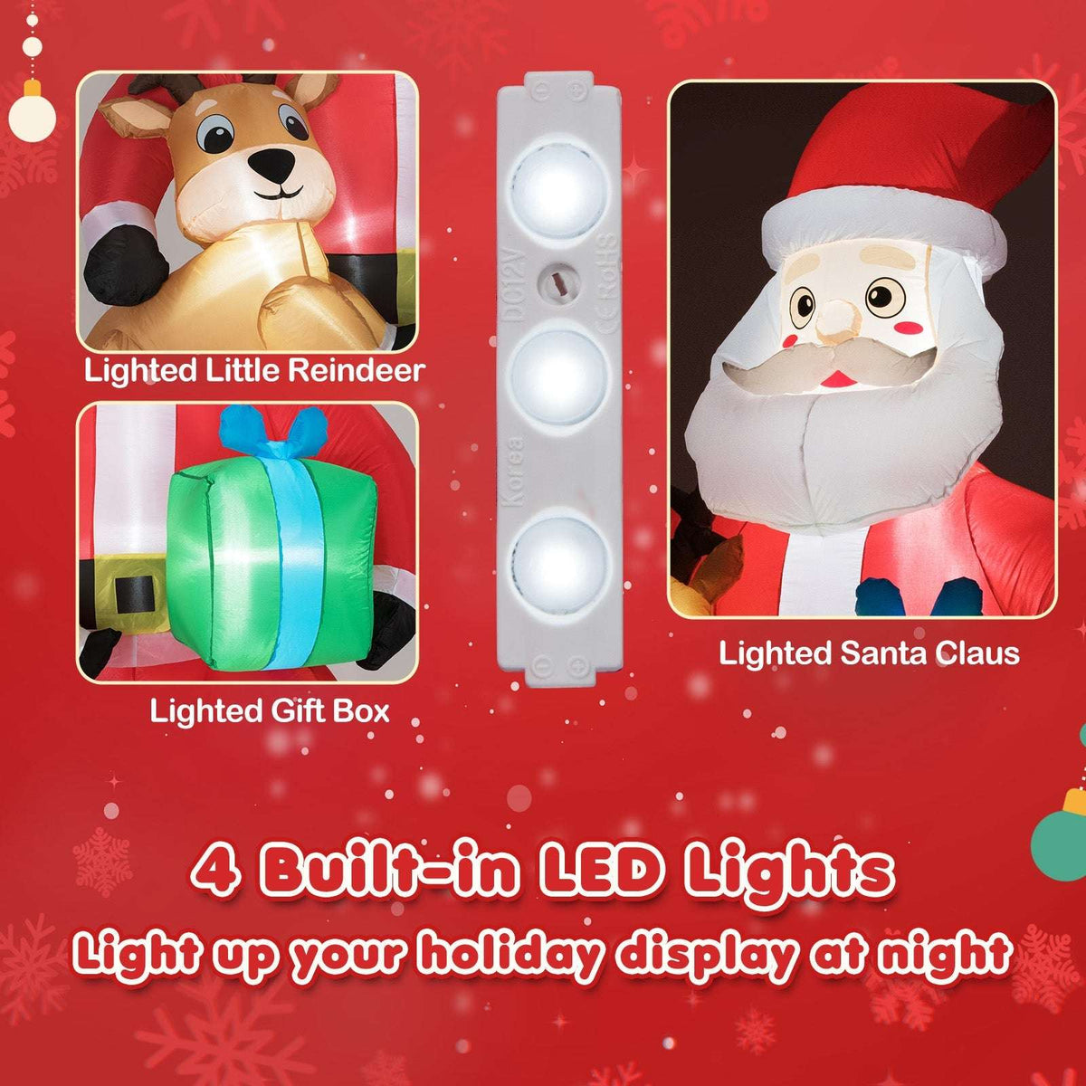 Inflatable Santa LED light details, including illuminated reindeer and gift