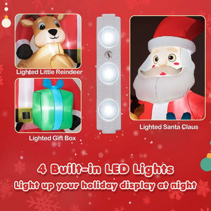 Inflatable Santa LED light details, including illuminated reindeer and gift