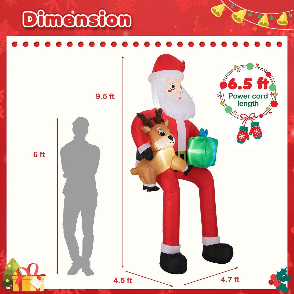 Inflatable Santa holding a reindeer and gift, with dimensions marked