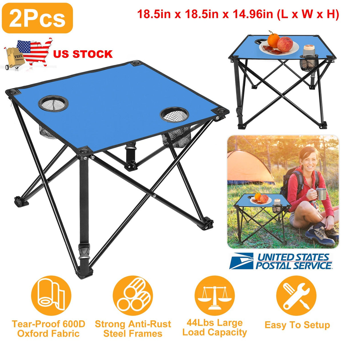 LakeForest Folding Camping Table with 2 Cup Holders – 600D Oxford, 44 lb Capacity | 18.5"x18.5" | 2.2 lbs | 1-Pc & 2-Pc Sets